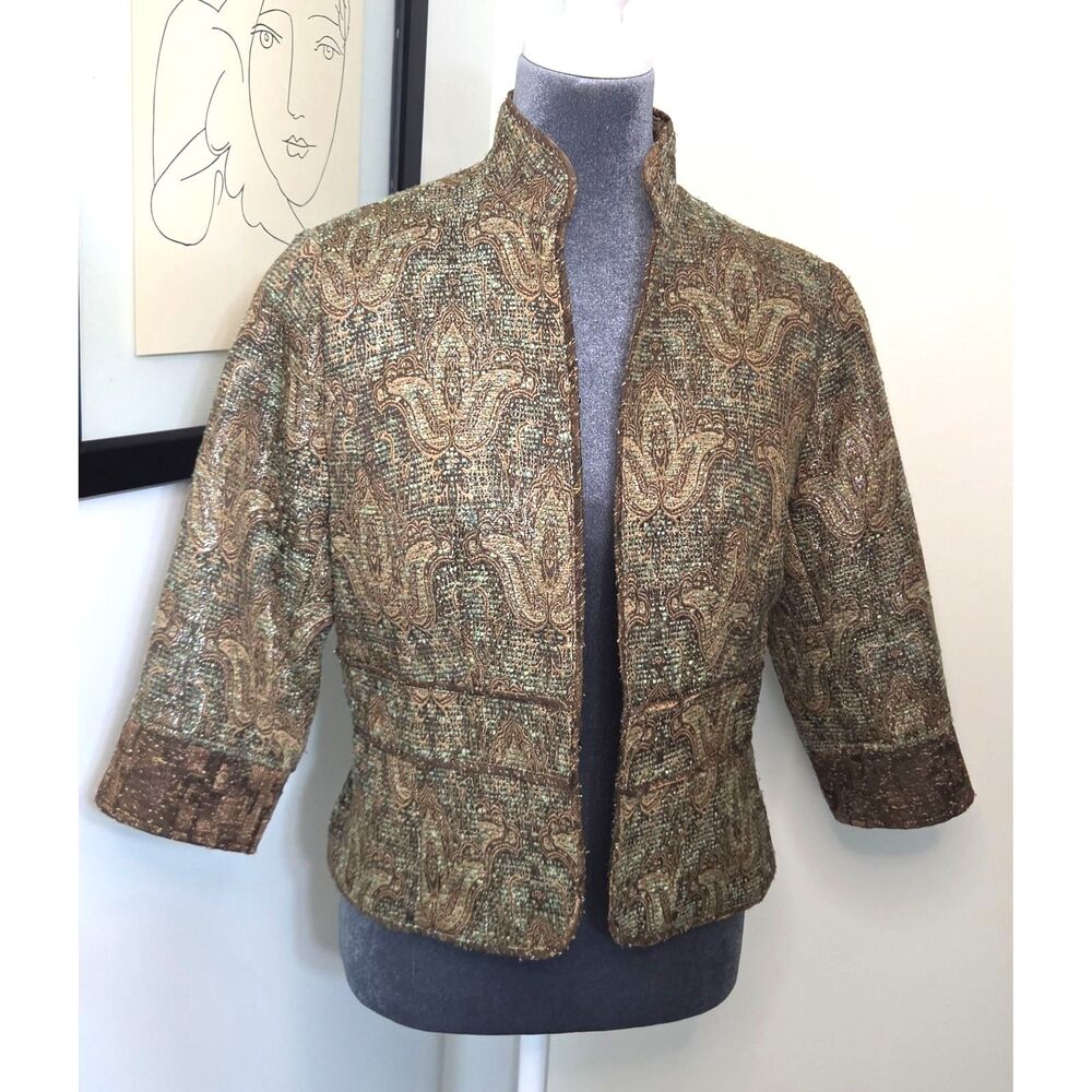 Vintage Brocade Tapestry Cropped Jacket – Gold Brown Green Pattern Size 6 Petite